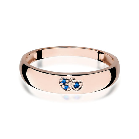 14k rose gold ring with 2 blue zirconia hearts. Classic design with modern twist. Packed in black box, paper, and gift bag.