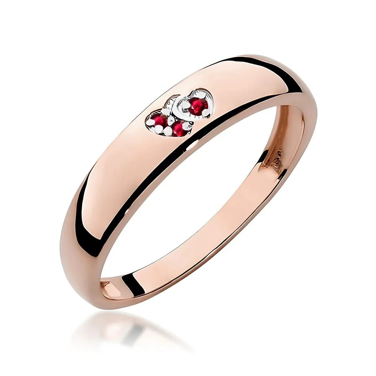 Gremari 14k rosegold ring with 2 red zirconia hearts. Ring is packed in elegant black box, paper, and a gift bag.