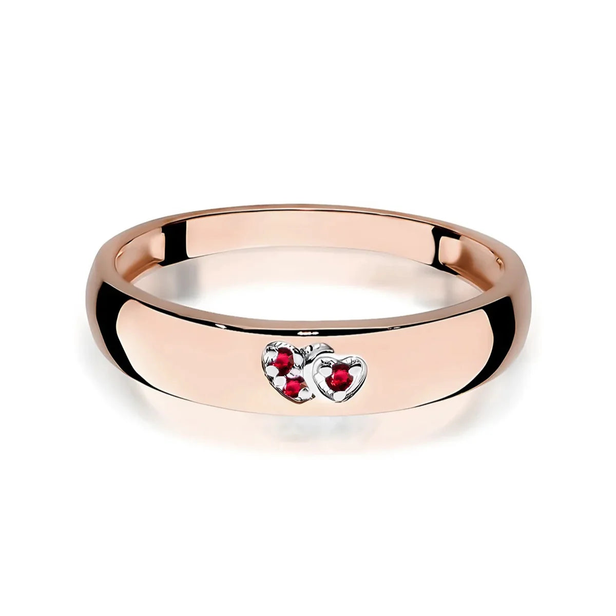 Gremari 14k rosegold ring with 2 red zirconia hearts. Ring is packed in elegant black box, paper, and a gift bag.