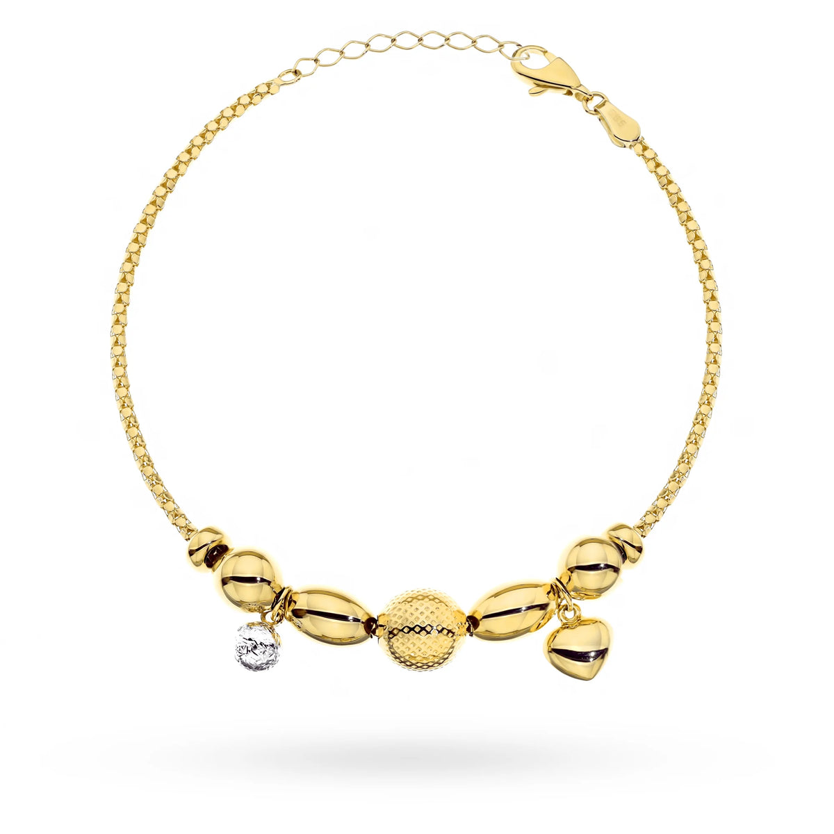 14-karätiges Gold zweifarbiges Armband mit verzierten Perlen und einem Herz. Wird in einer eleganten schwarzen Schachtel und einer Geschenktüte verpackt.