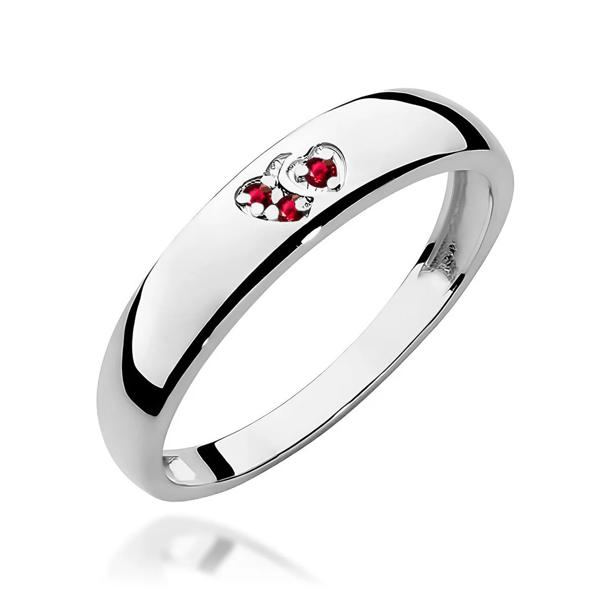 14k gold ring with 2 red zirconia hearts. Classic design with modern twist. Packed in black box, paper, and gift bag.