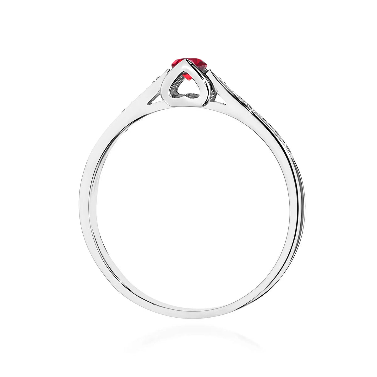 Ring aus 14 Karat Weißgold mit 0,15 ct Rubin und 0,05 ct Diamanten. Verpackt in schwarzer Schachtel, Papier und Geschenktüte.