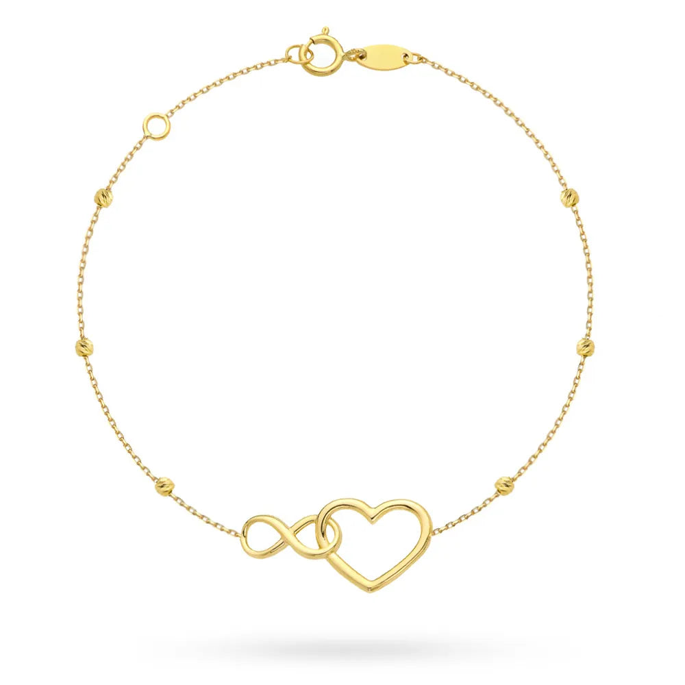 Gelbgold Armband mit Herz, Unendlichkeitszeichen und Diamantierten Kugeln