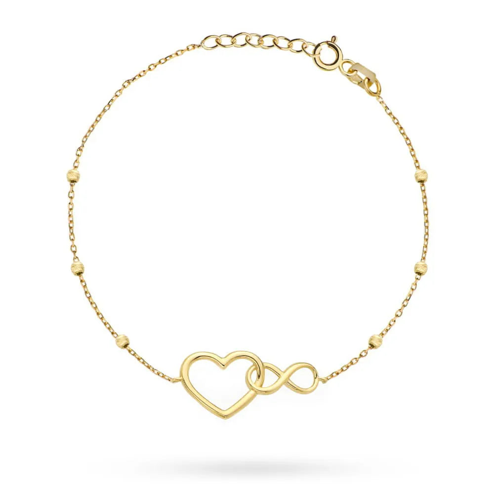 Gelbgold Armband mit Herz, Unendlichkeitszeichen und Diamantierten Kugeln