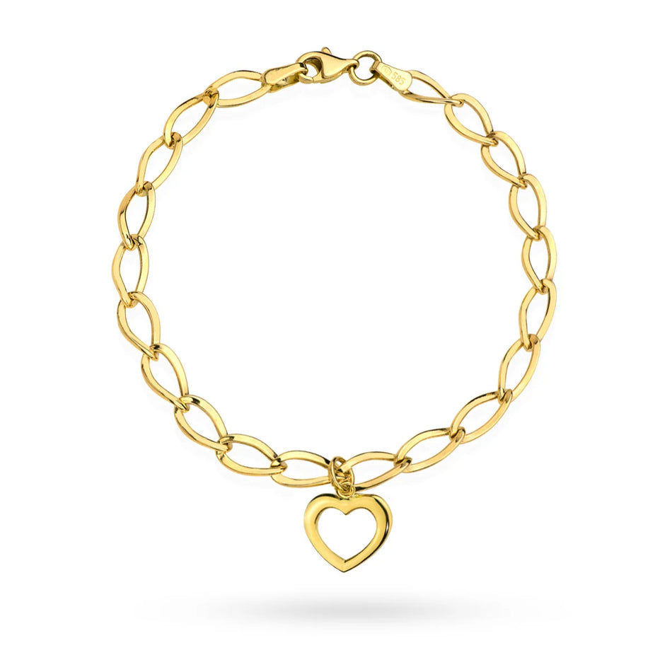 Gold bracelet with wide oval links and heart charm