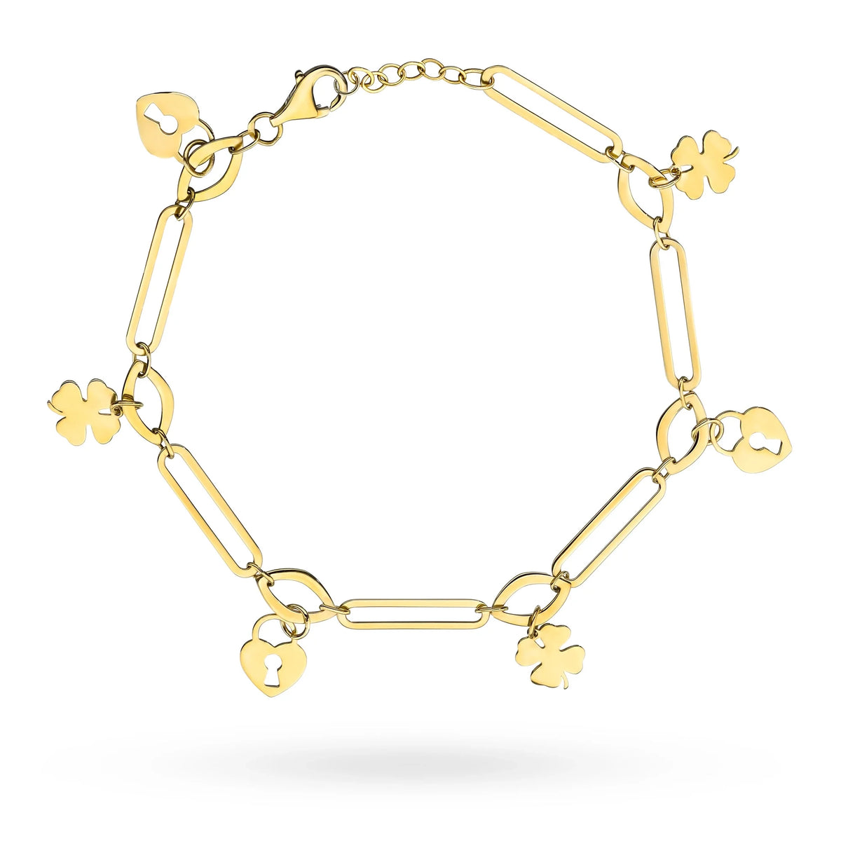 Gelbgold Breites Glieder-Armband mit Vorhängeschloss- und Kleeblatt-Anhänger