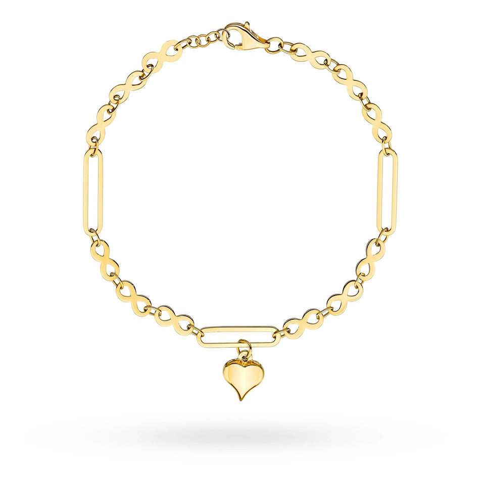 Gold bracelet with infinity symbols, wide links, and a heart charm