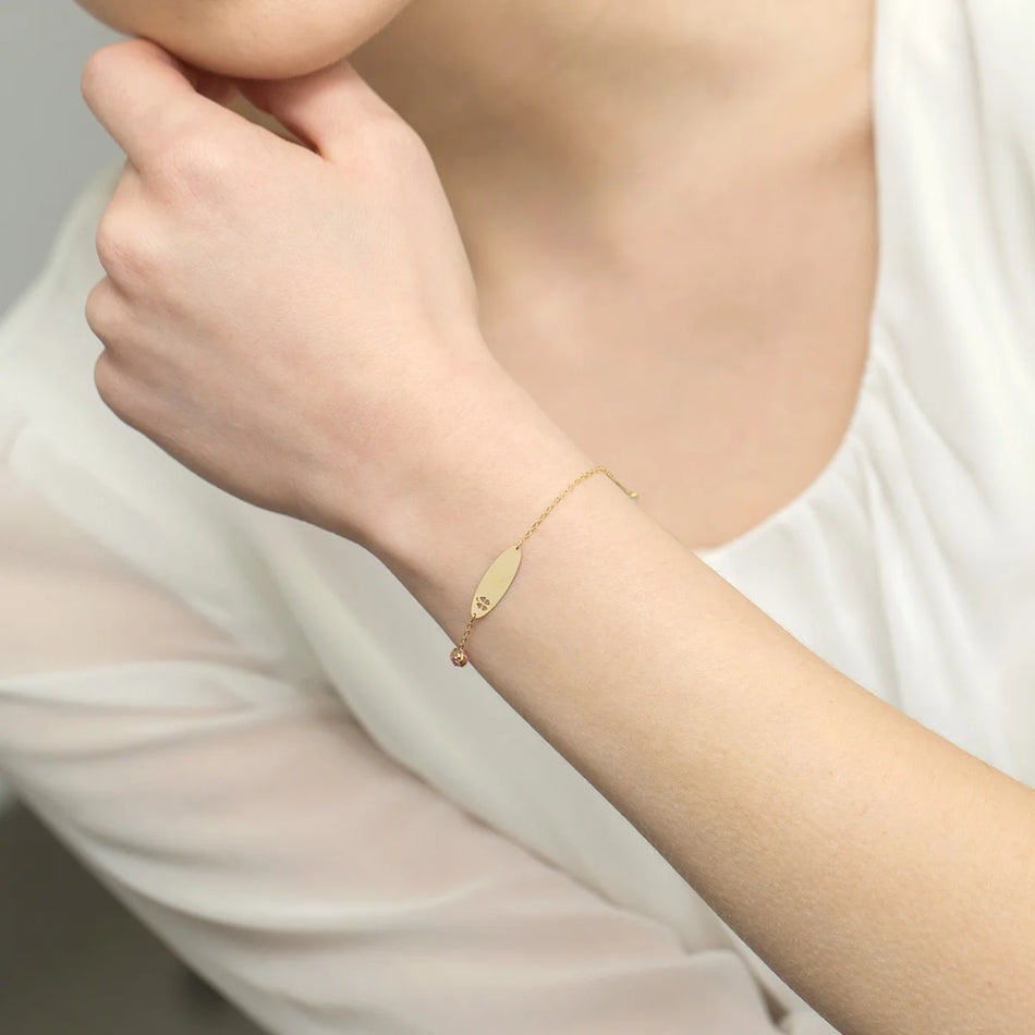 Children’s Gold Engravable Bracelet with Pink Zirconia Clover Plate