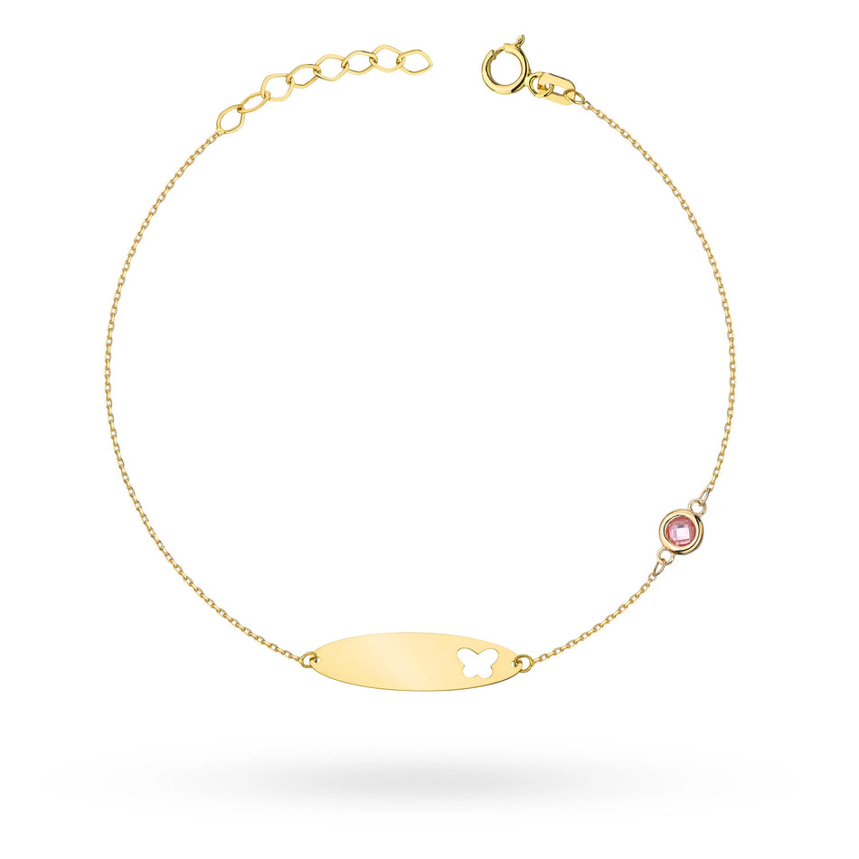Children’s Gold Engravable Bracelet with Pink Zirconia Butterfly Plate