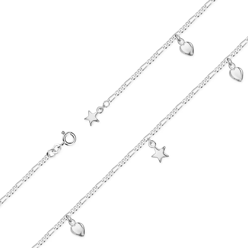 Sterlingsilber Fußkettchen mit Stern- und Herz-Anhängern