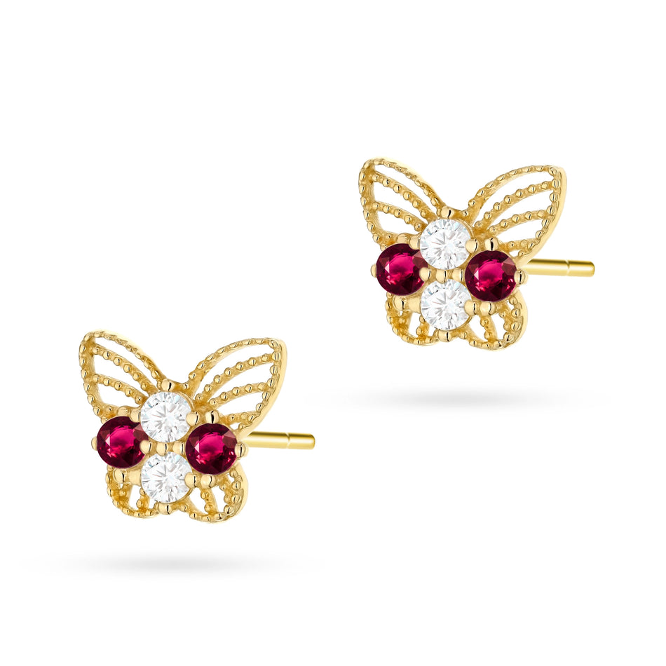 Children’s Gold Openwork Butterfly Stud Earrings with White and Ruby Zirconia