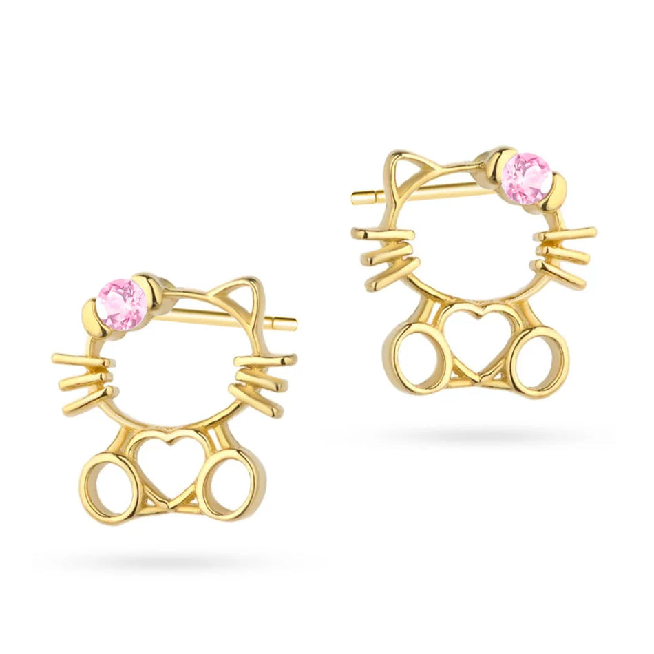 Children’s Gold Cat Stud Earrings with Heart and Pink Zirconia