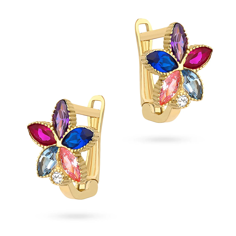 Children’s Gold Flower Earrings with Multicolored Zirconia, English Lock
