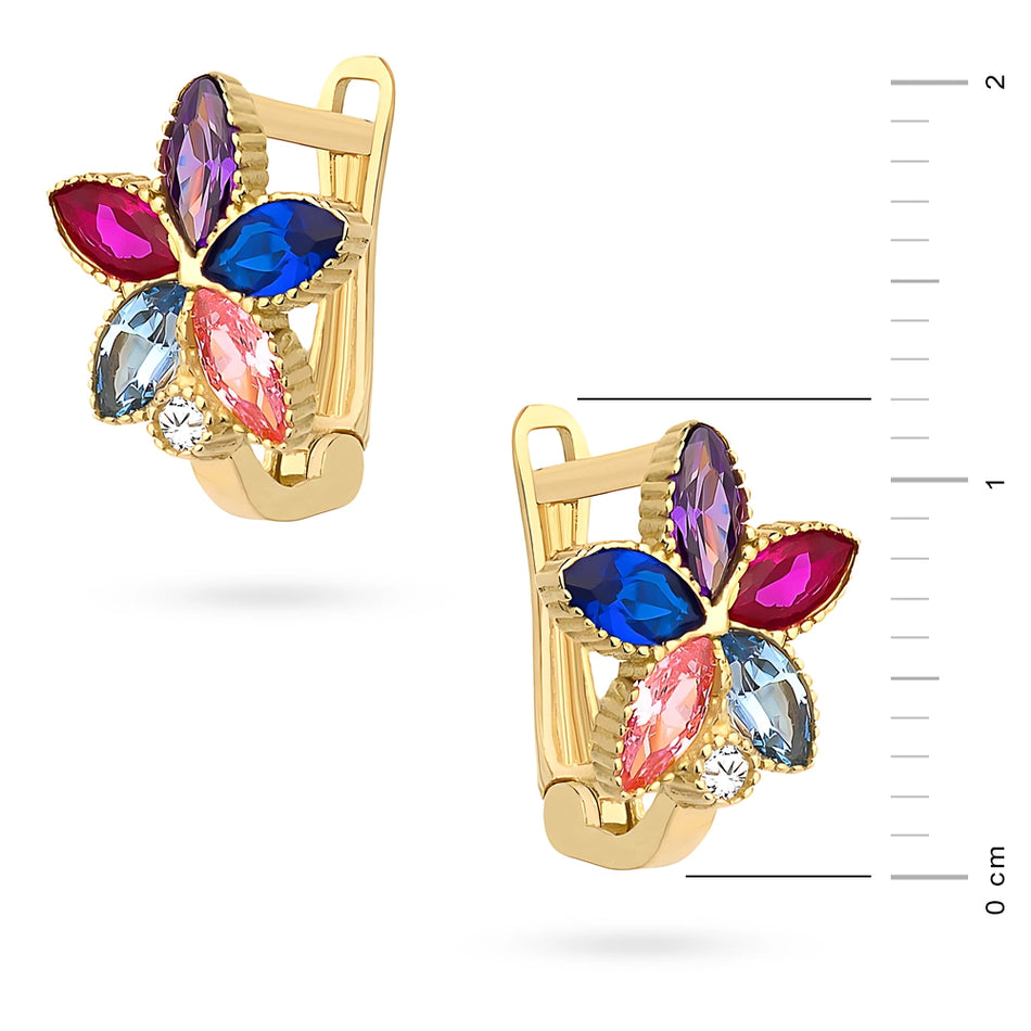 Children’s Gold Flower Earrings with Multicolored Zirconia, English Lock