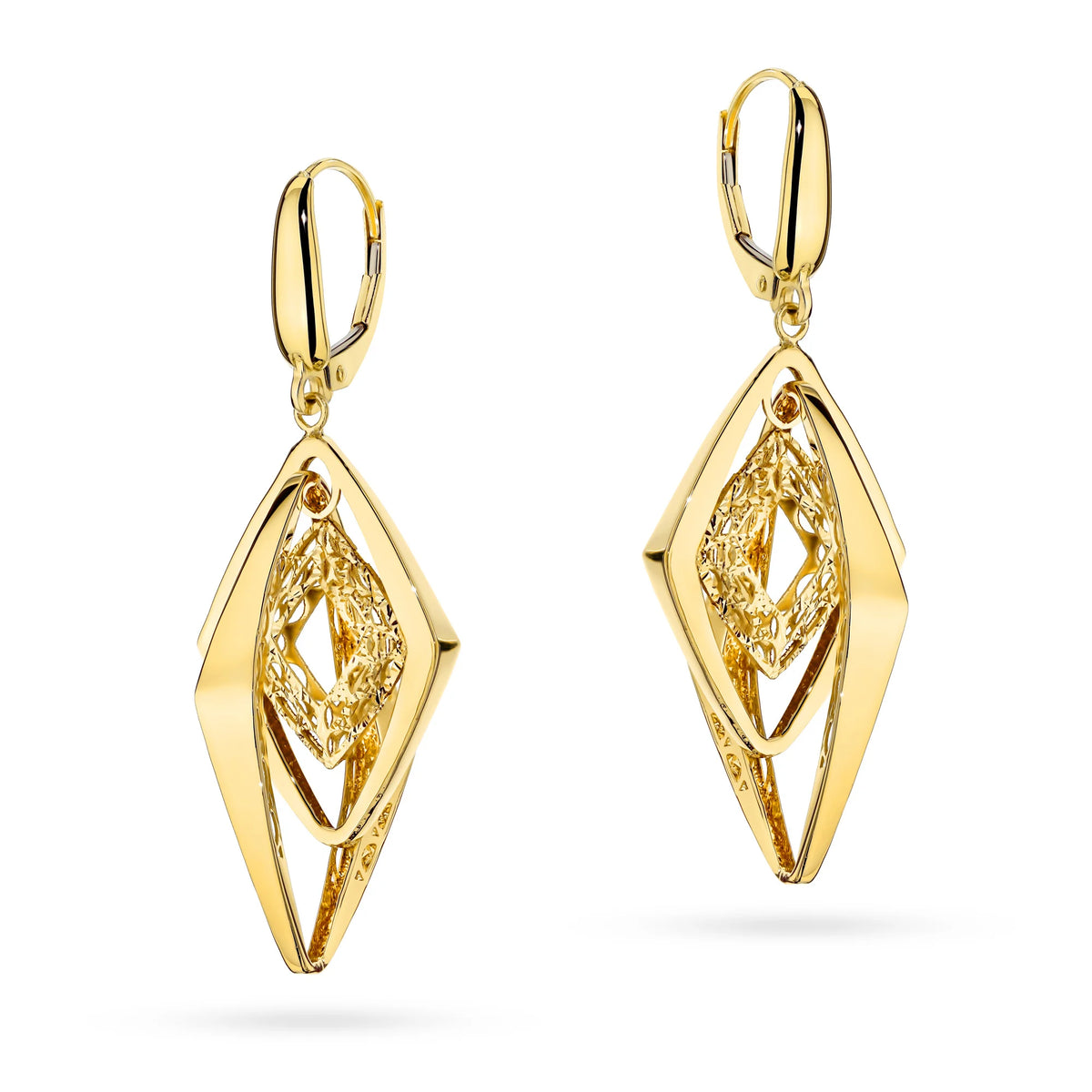Yellow Gold Triple Openwork Diamond-Shaped Drop Earrings | 585 (14k) Yellow Gold English Clasp Earrings