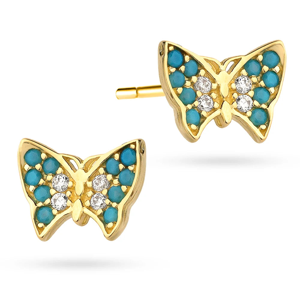 Kinder-Goldohrringe mit blauem Schmetterling und Zirkonia