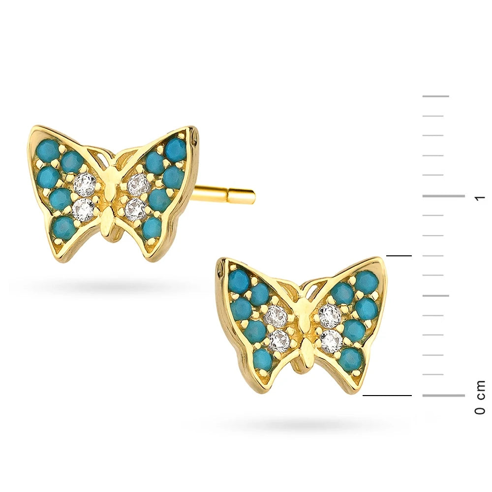 Kinder-Goldohrringe mit blauem Schmetterling und Zirkonia