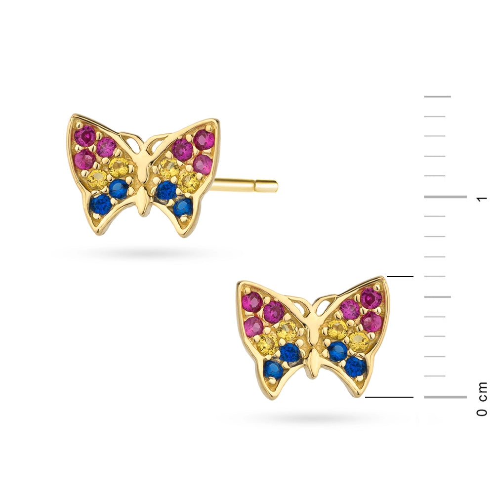 Kinder-Ohrringe Schmetterling aus Gold mit bunten Zirkonia