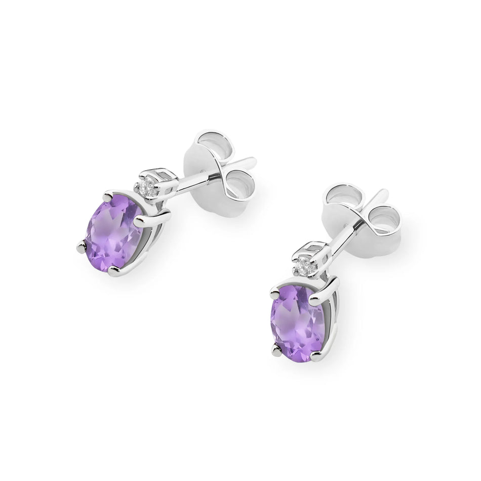 White Gold Earrings with 0.40 ct Amethyst and 0.029 ct Diamonds | 585 (14k) White Gold Stud Earrings
