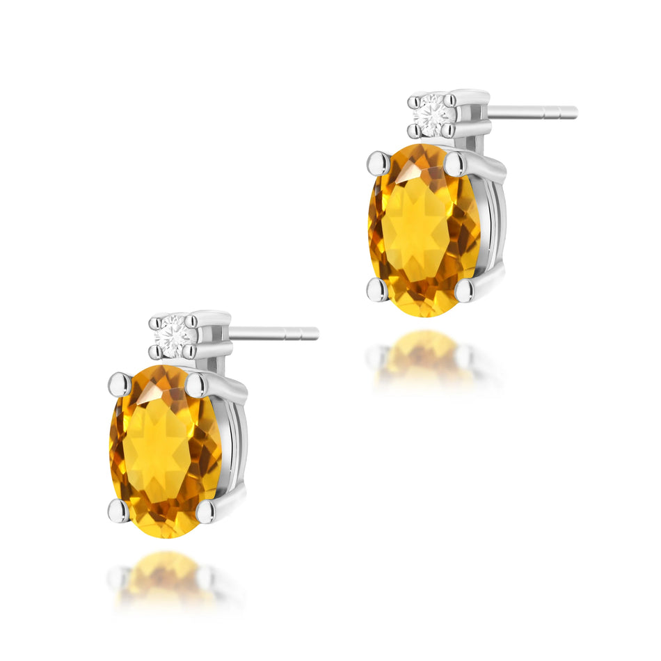White Gold Earrings with 0.60 ct Citrin and 0.029 ct Diamonds | 585 (14k) White Gold Stud Earrings