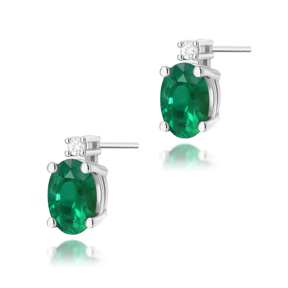 White Gold Earrings with 0.40 ct Emerald and 0.029 ct Diamonds | 585 (14k) White Gold Stud Earrings