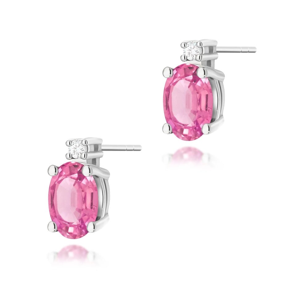 White Gold Earrings with 0.50 ct Pink Topaz and 0.029 ct Diamonds | 585 (14k) White Gold Stud Earrings
