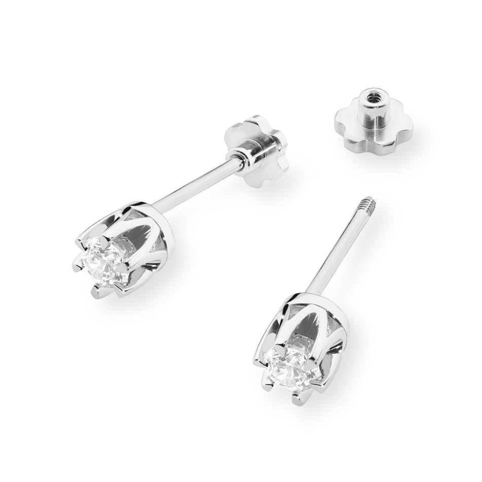 White Gold Earrings with 0.08 ct Diamonds | 585 (14k) White Gold Screw Back Stud Earrings