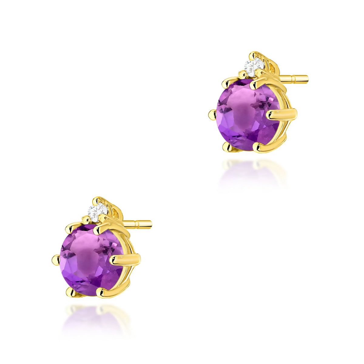 Gold Earrings with 0.50 ct Amethysts and 0.029 ct Diamonds | 585 (14k) Gold Stud Earrings