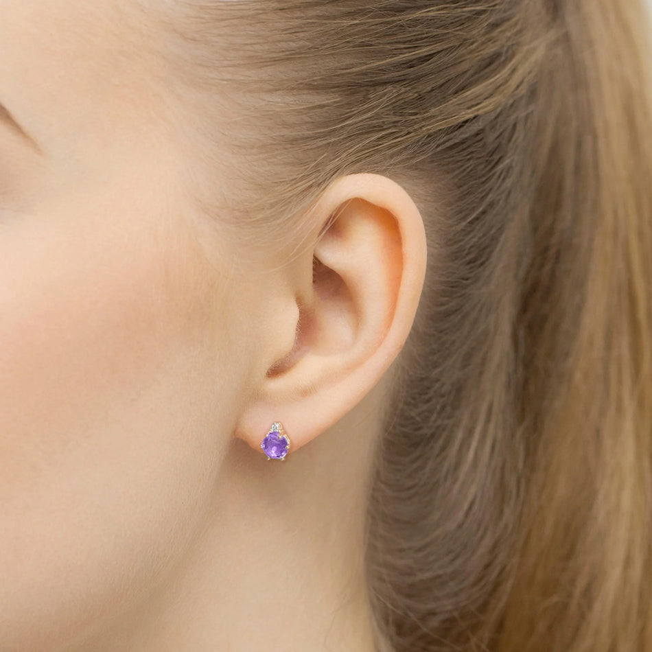 Gold Earrings with 0.50 ct Amethysts and 0.029 ct Diamonds | 585 (14k) Gold Screw Back Stud Earrings