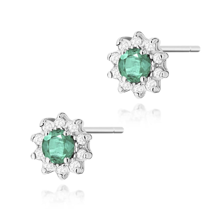 White Gold Earrings with 0.15 ct Emeralds and 0.172 ct Diamonds | 585 (14k) White Gold Stud Earrings