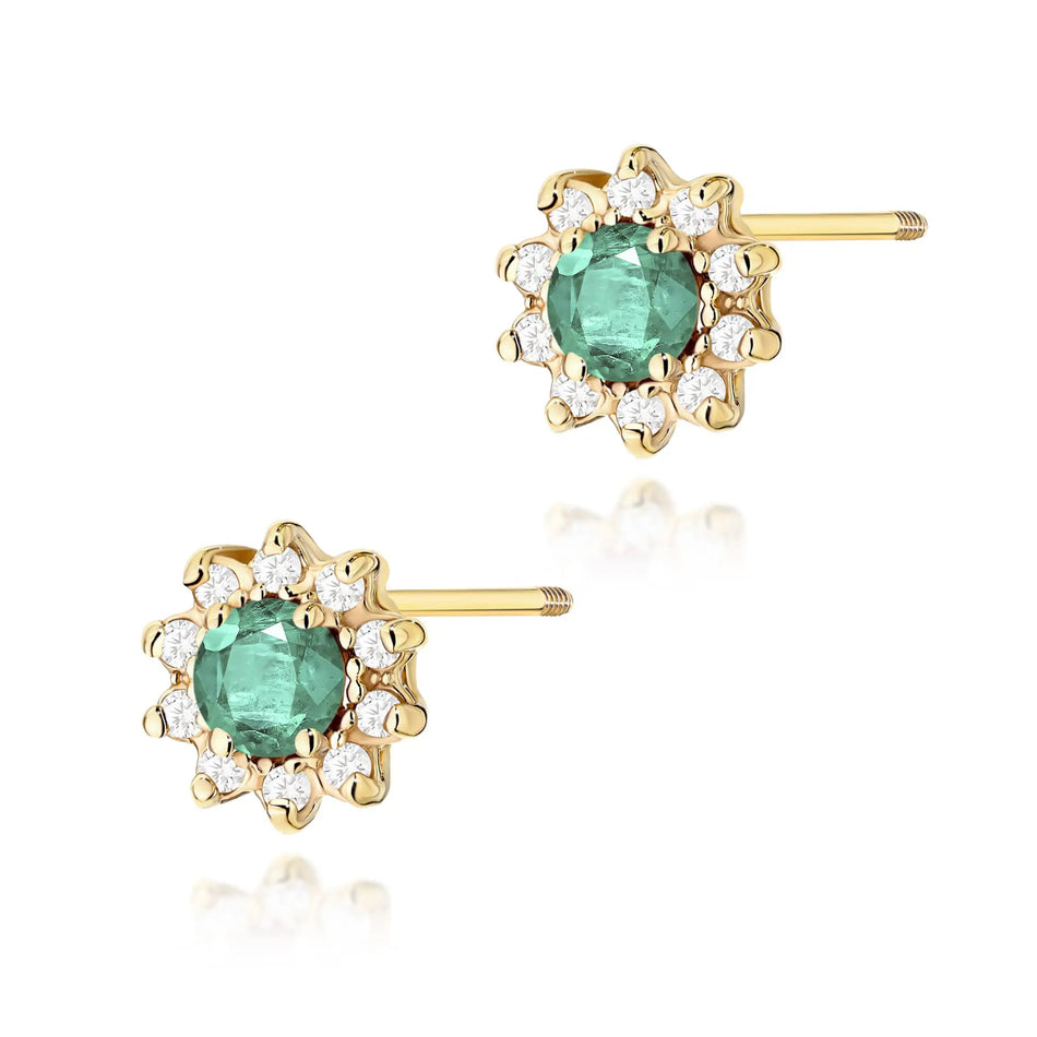Gold Earrings with 0.15 ct Emeralds and 0.172 ct Diamonds | 585 (14k) Gold Screw Back Stud Earrings