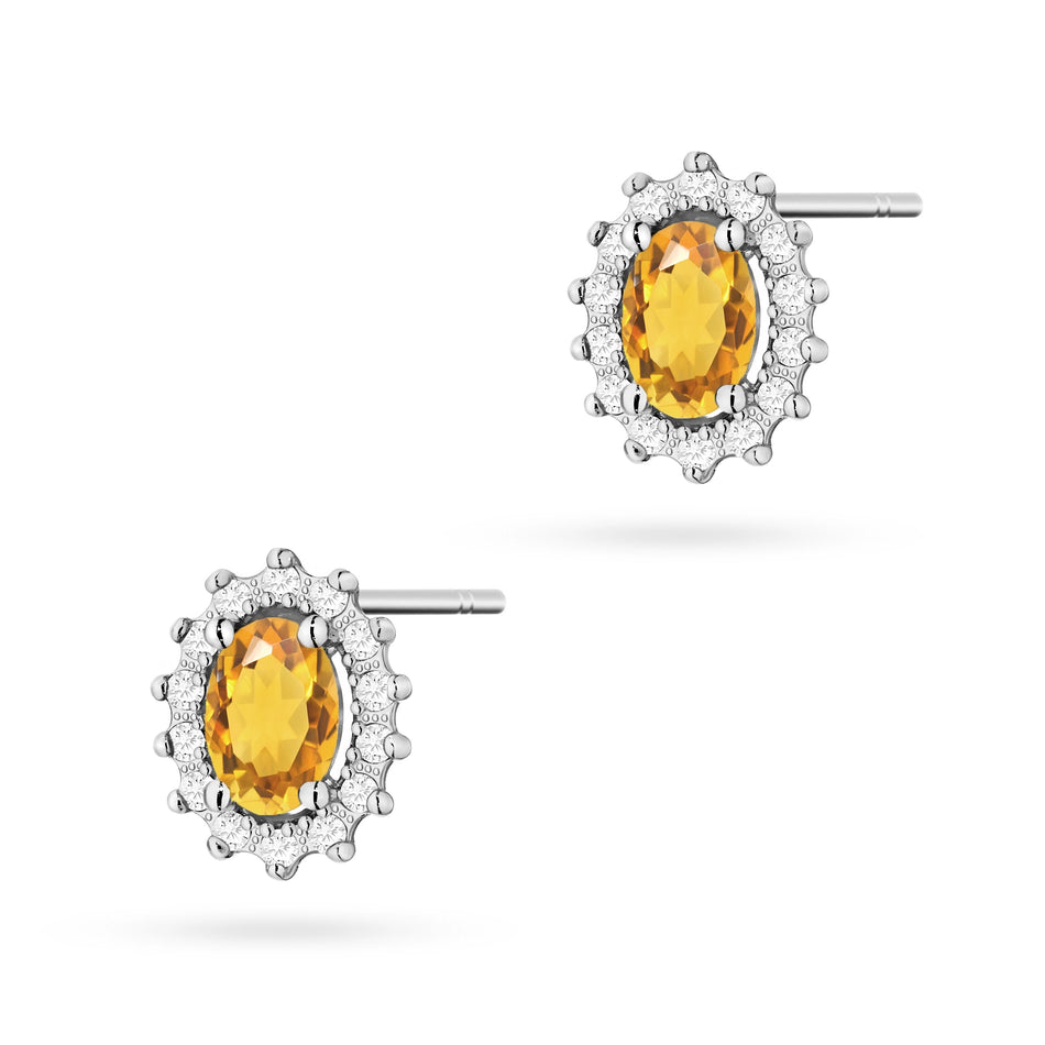 White Gold Earrings with 0.60 ct Citrines and 0.24 ct Diamonds | 585 (14k) White Gold Stud Earrings