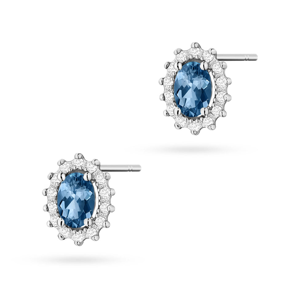 White Gold Earrings with 0.50 ct London Blue Topazes and 0.24 ct Diamonds | 585 (14k) White Gold Stud Earrings