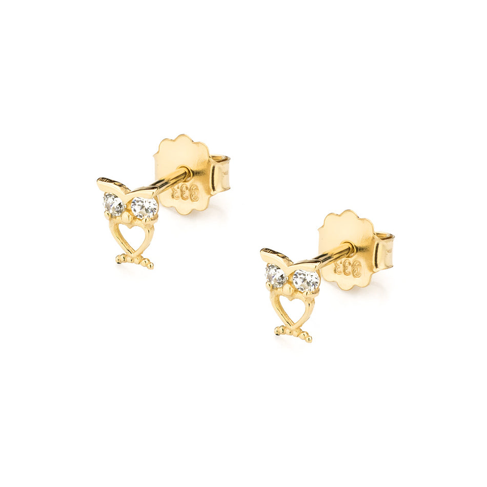 Children’s Gold Owl Earrings with Zirconia and Heart