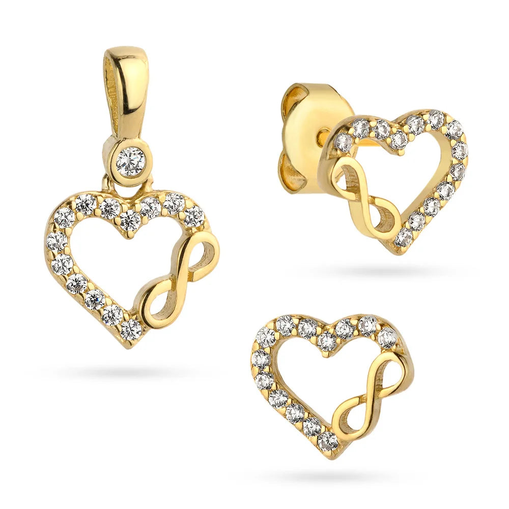 Goldschmuckset mit Herz- und Unendlichkeitssymbol sowie Zirkonia – Ohrringe und Anhänger