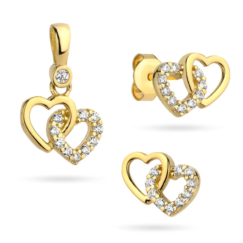 Goldschmuckset mit zwei miteinander verbundenen Herzen und Zirkonia – Anhänger und Ohrringe
