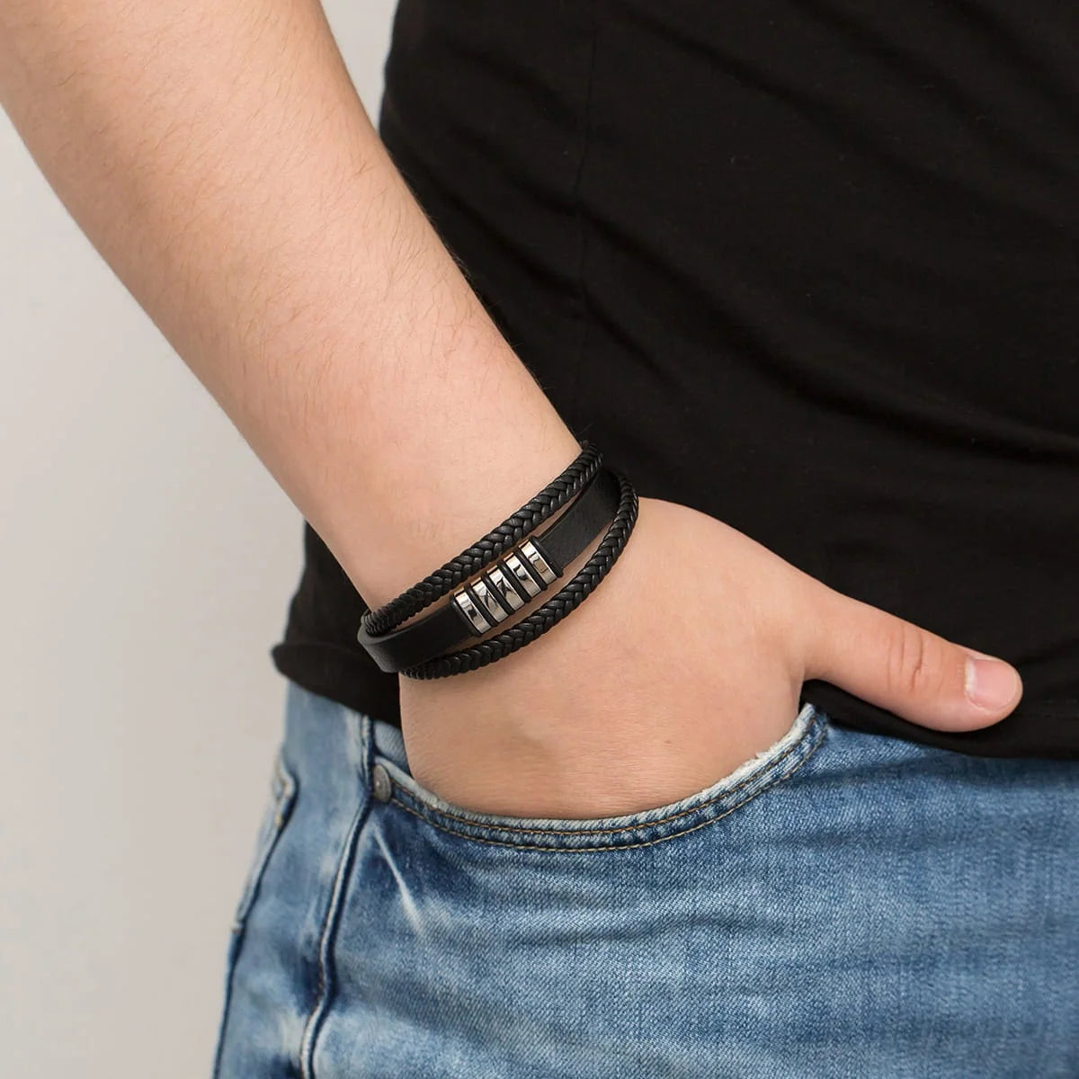 Herren-Leder- und Stahlarmband-bs014