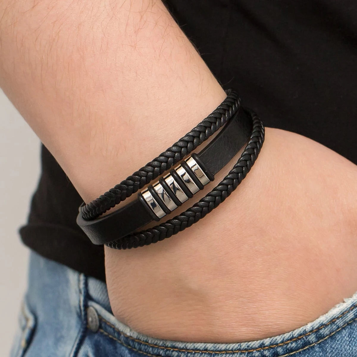 Herren-Leder- und Stahlarmband-bs014