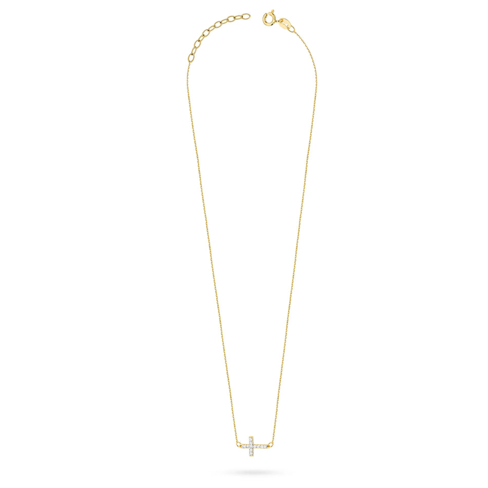 Zarte Halskette aus 585er Gelbgold mit querliegendem Diamantkreuz