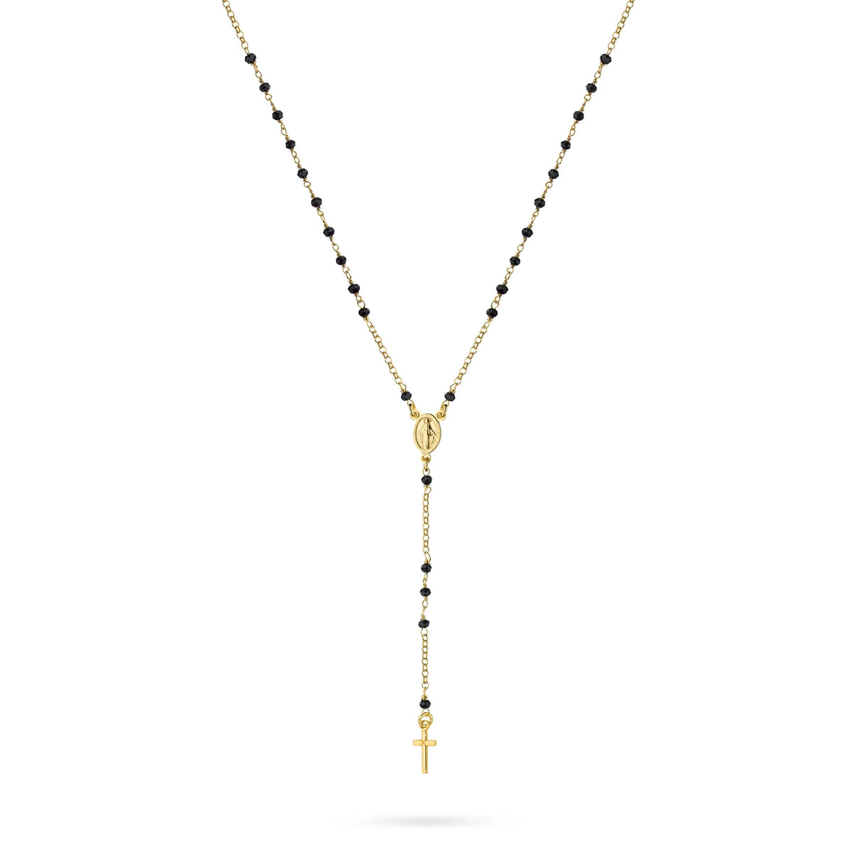 Vergoldete Silber Rosenkranz-Halskette mit schwarzen Perlen und Kreuz