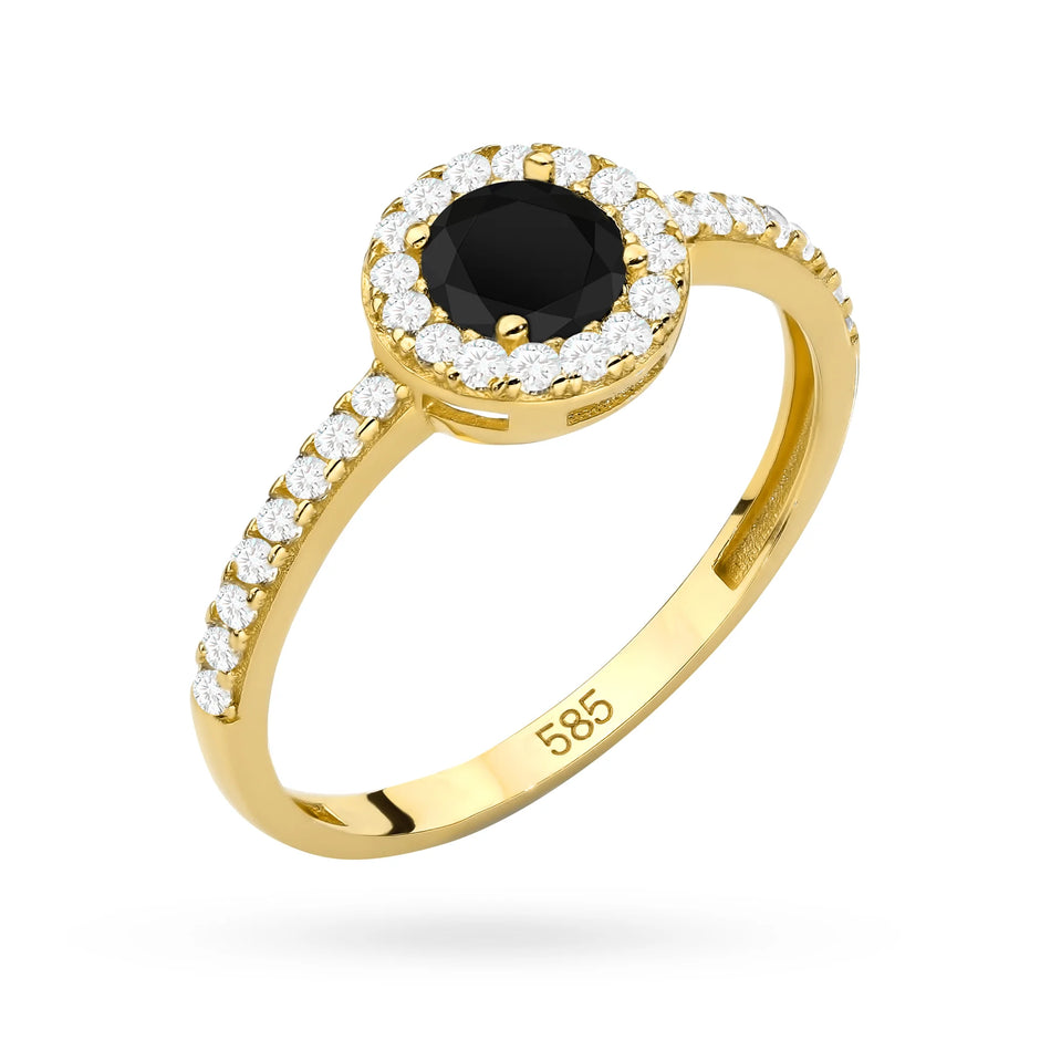 Gold ring with zirconia and black stone