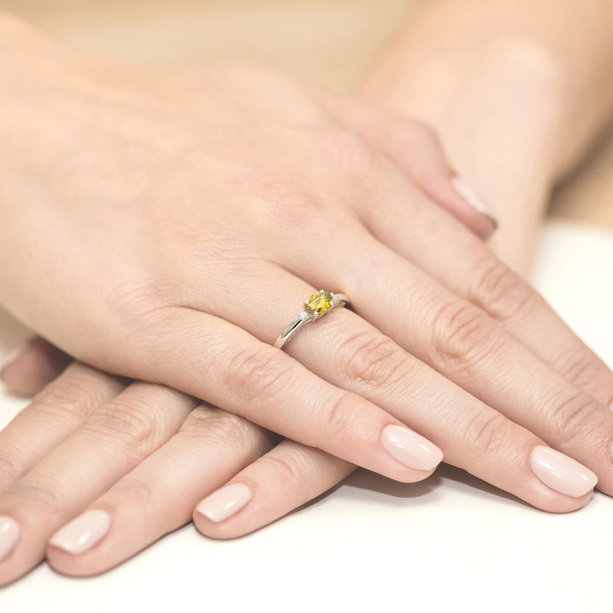 White Gold engagement ring with Oval 0.50 ct Central and 0.029 ct Sideline Lab-grown Diamonds - GREMARI fine jewelry