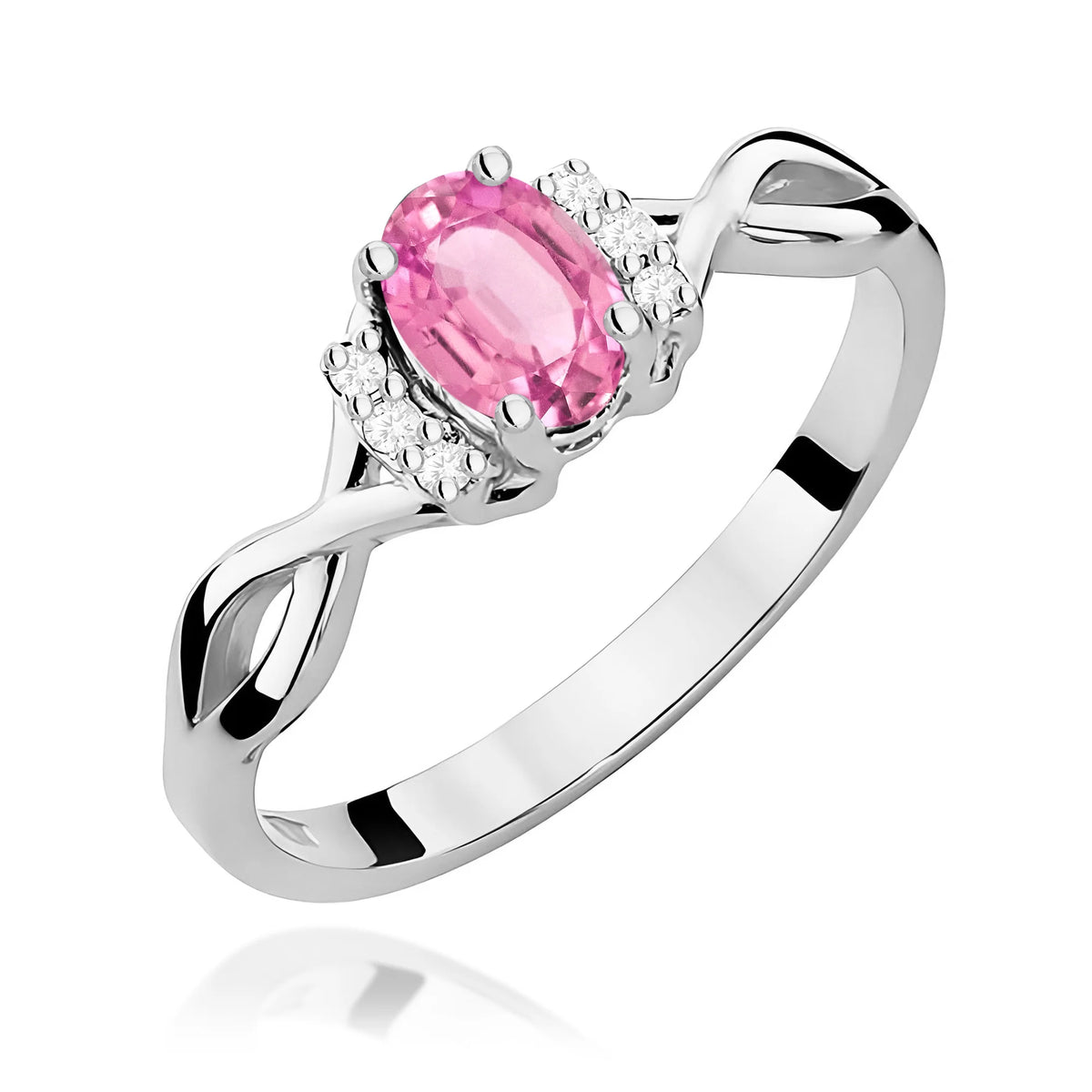 Ring mit gedrehten Ringschultern aus 585er Weißgold mit ovalem rosa Topas 0,50 ct und Diamanten 0,052 ct