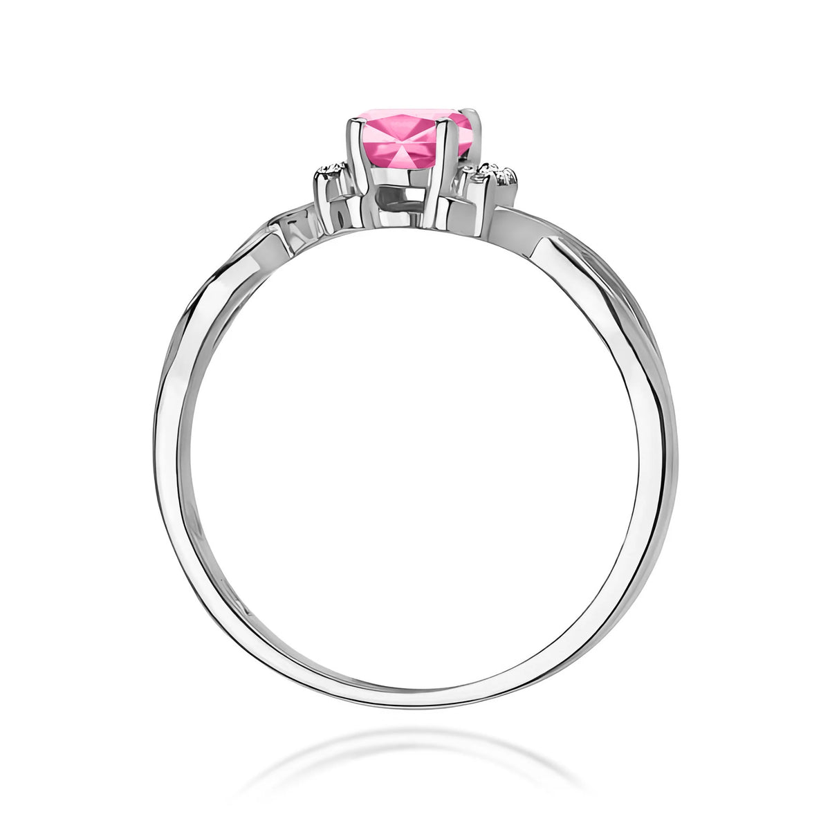 Ring mit gedrehten Ringschultern aus 585er Weißgold mit ovalem rosa Topas 0,50 ct und Diamanten 0,052 ct