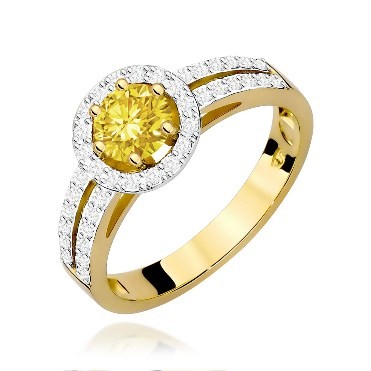 Halo-Pavé-Ring aus 585er Gelbgold mit 0,50 ct gelbem Round/Brilliant-Labordiamant und 0,20 ct Labordiamanten