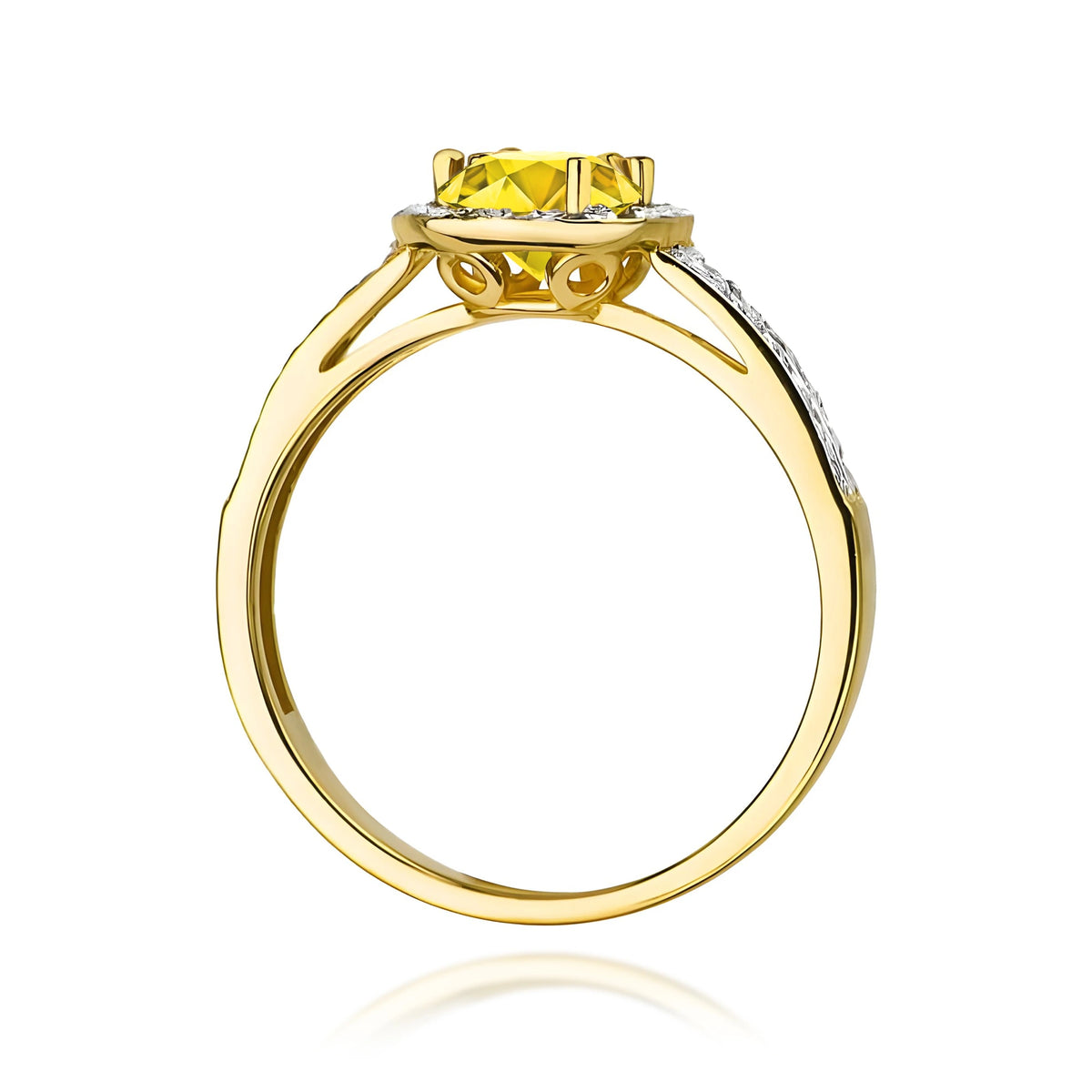 Halo-Pavé-Ring aus 585er Gelbgold mit 0,50 ct gelbem Round/Brilliant-Labordiamant und 0,20 ct Labordiamanten
