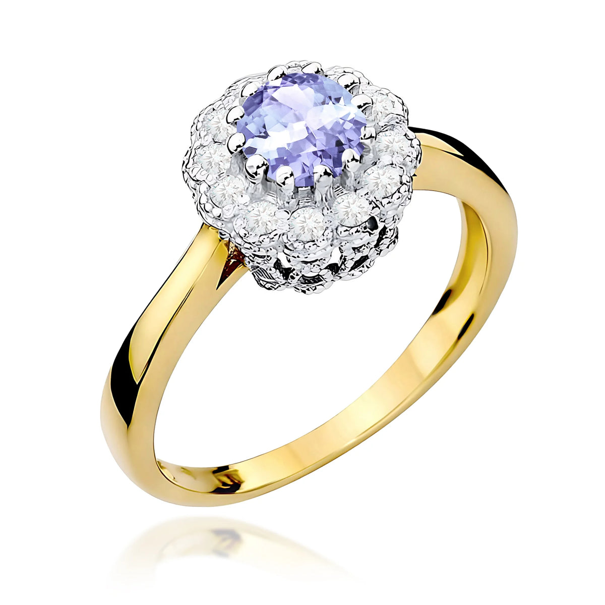 Floraler Halo-Ring aus 585er Gelbgold mit rundem Tansanit 0,50 ct und Diamanten 0,174 ct