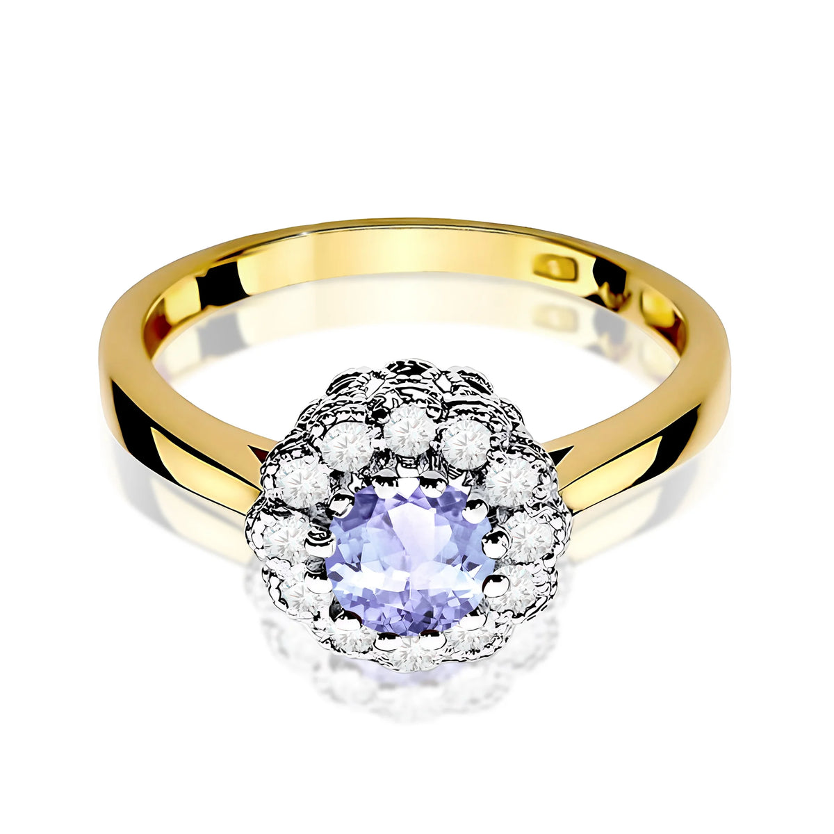 Floraler Halo-Ring aus 585er Gelbgold mit rundem Tansanit 0,50 ct und Diamanten 0,174 ct