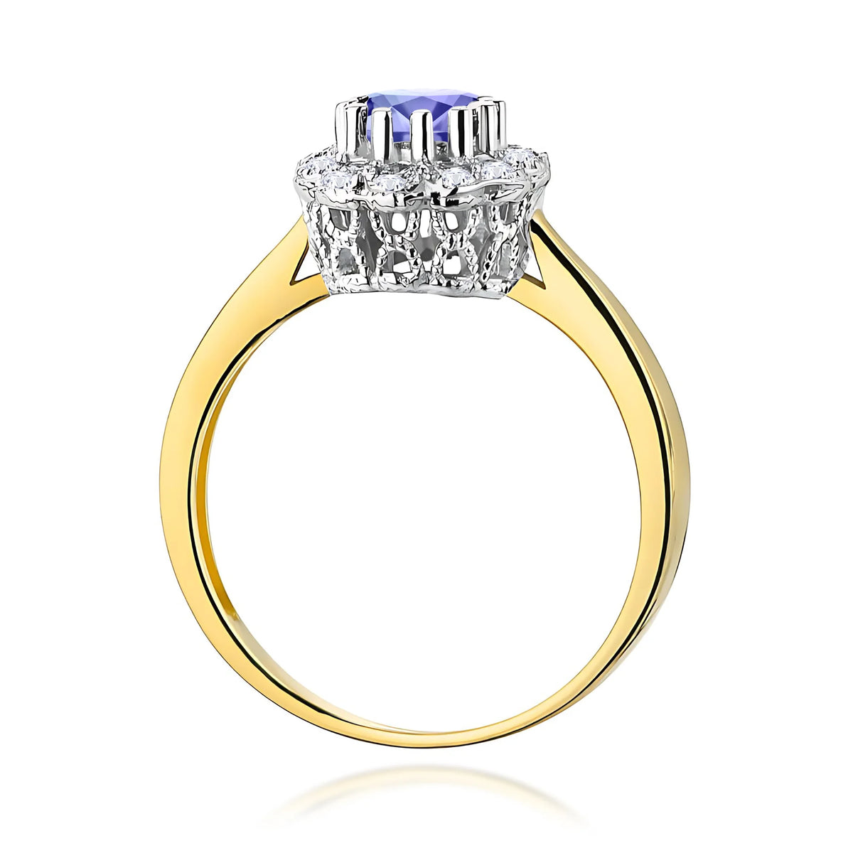 Floraler Halo-Ring aus 585er Gelbgold mit rundem Tansanit 0,50 ct und Diamanten 0,174 ct