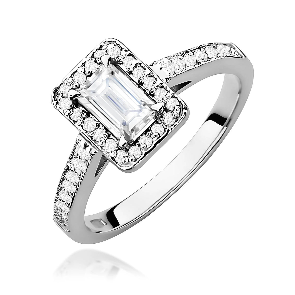 Ring aus Weißgold – Labordiamant 0,60 ct, Emerald, ergänzt durch 14 × 0,0086 ct + 20 × 0,005 ct Labordiamanten